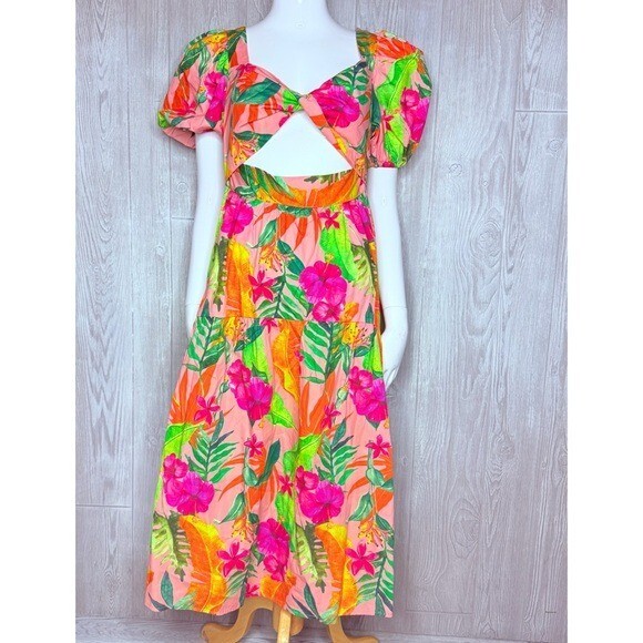 SHEIN floral tropical maxi dress vacation beach cutout and puff sleeves small