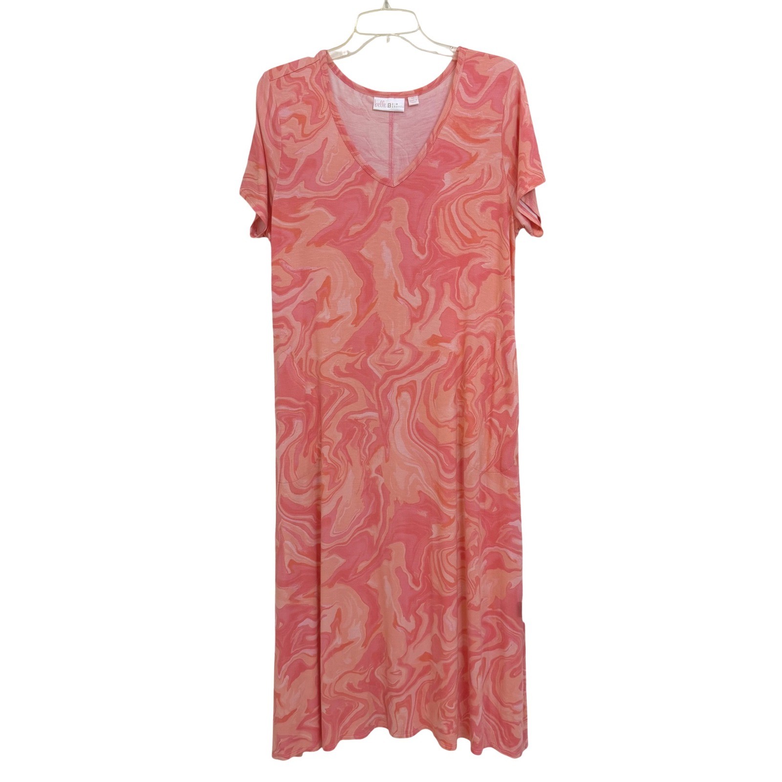 Belle by Kim Gravel Coral Peach Marble Swirl V-Neck Maxi Dress Petite Medium MP