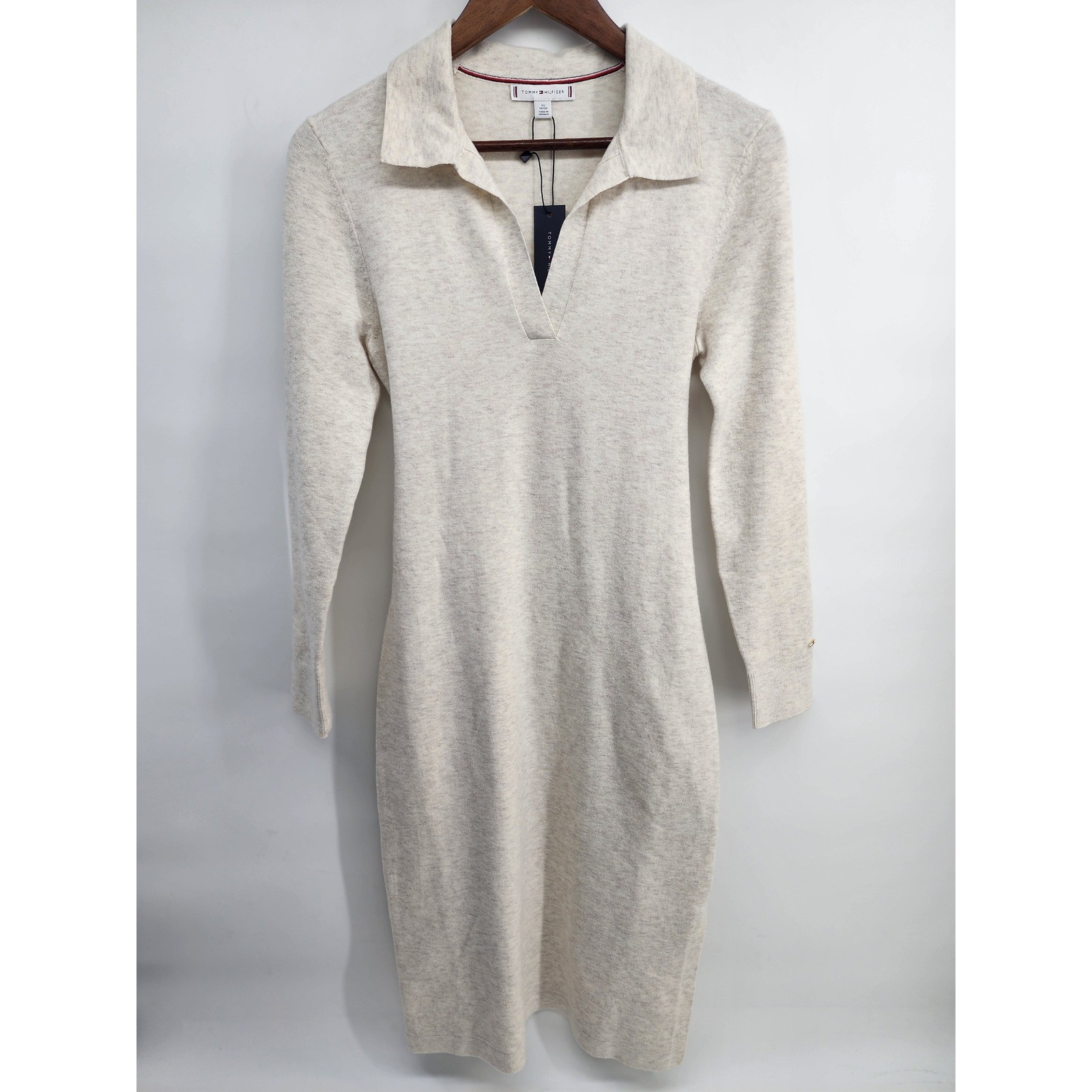 Tommy Hilfiger Heather Beige Collared V-Neck Long Sleeve Sweater Midi Dress XS