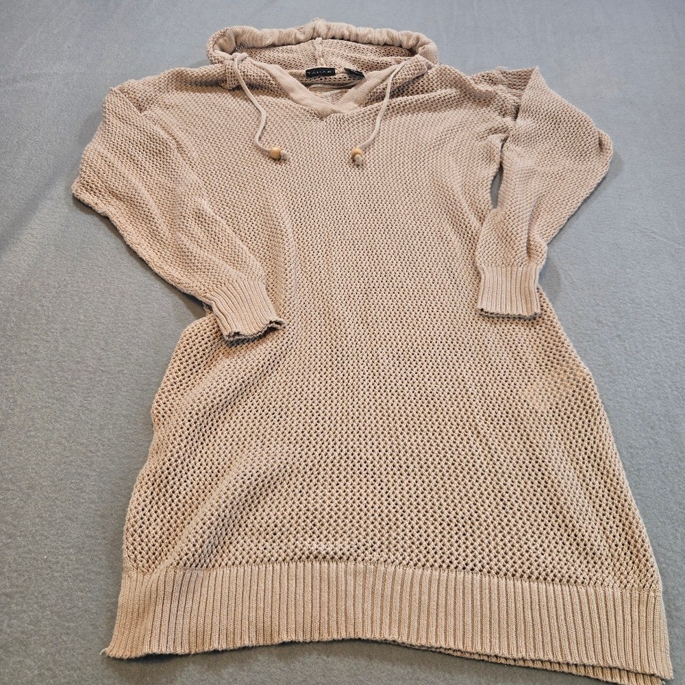 Tahari Sweater Dress Women Medium Beige Open Knit Hooded Long Sleeve V-Neck Slit