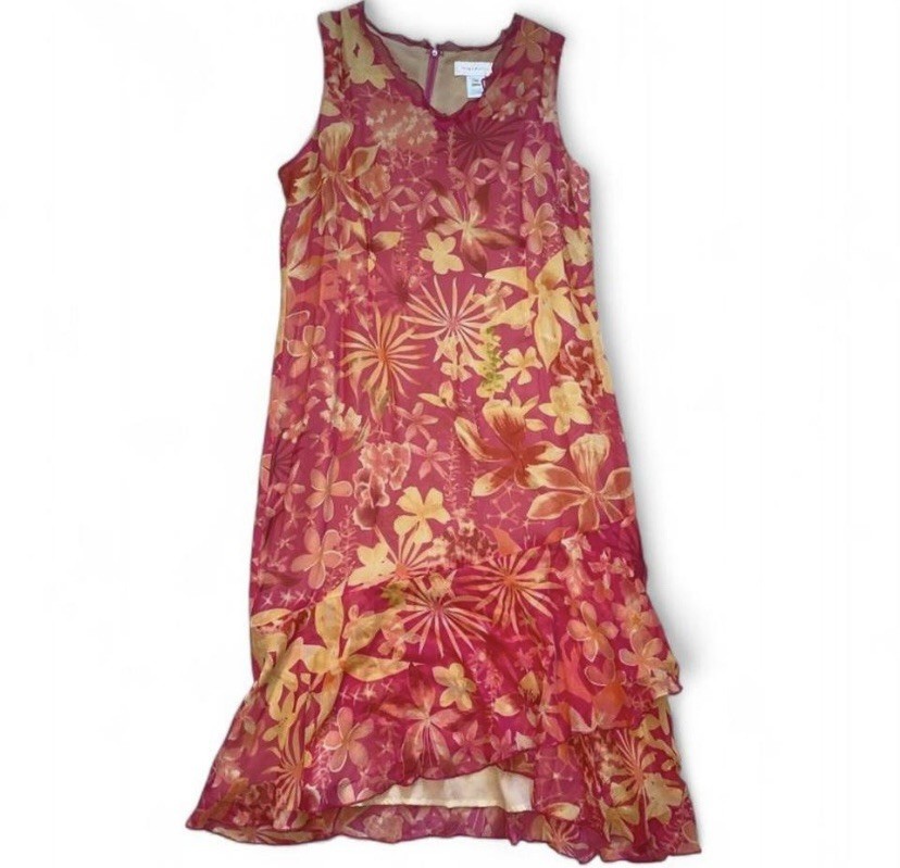 Vtg Susan Bristol Silk Floral Ruffle Midi Dress Sz 14 Women’s