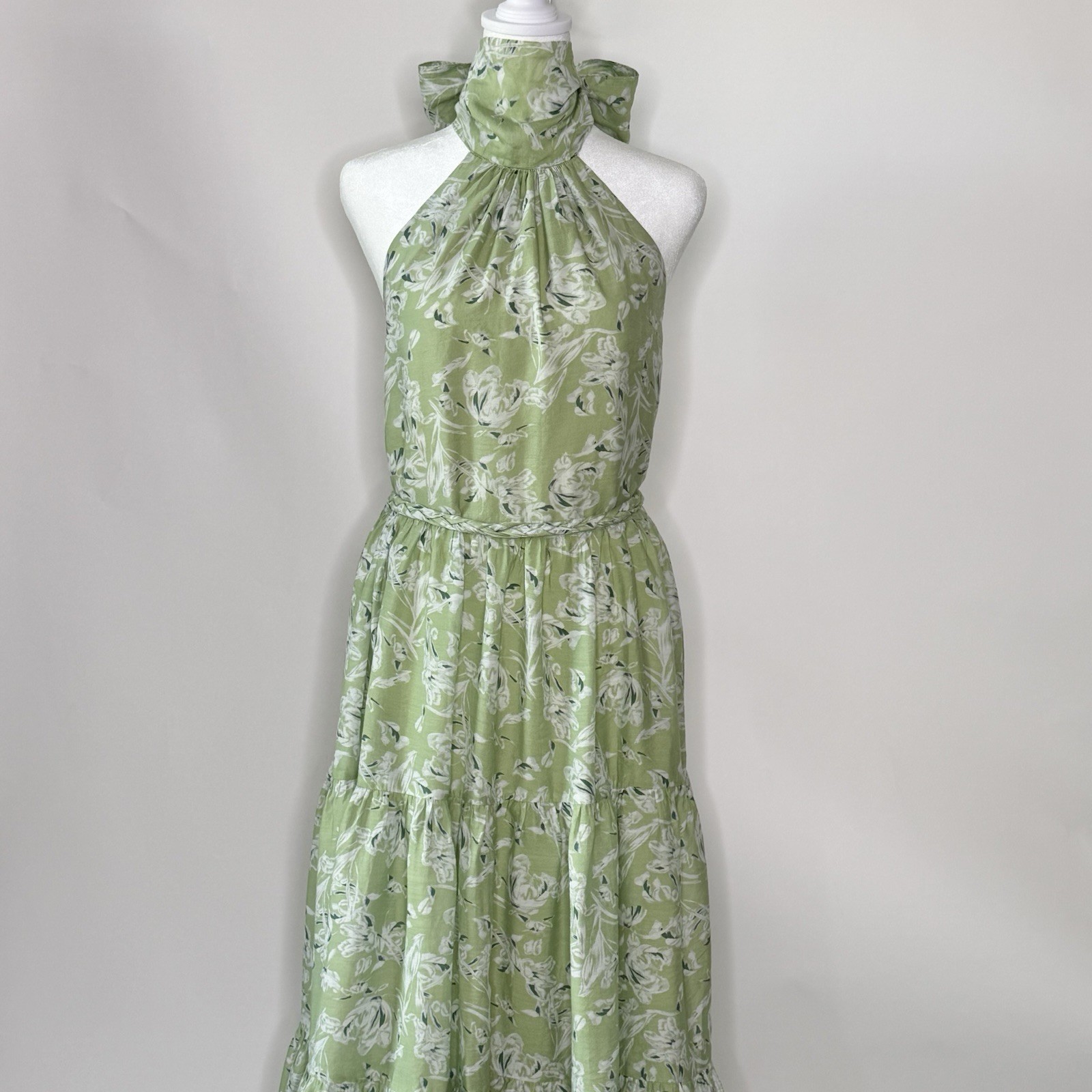 EN SAISON Halter Tiered Maxi Dress Women’s Sz S Pale Green Floral Boho Coquette