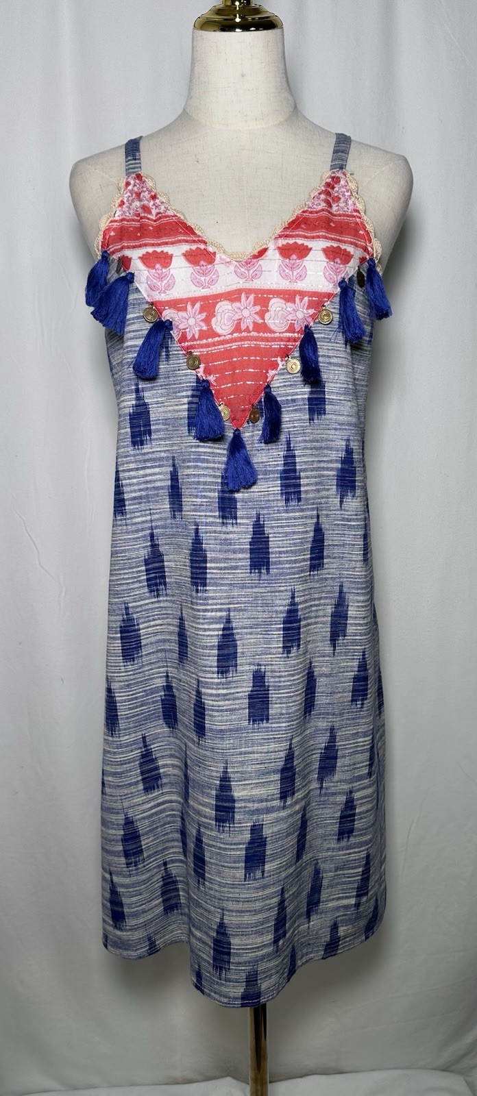THML Shift Slip On Dress Large Cotton Spaghetti Boho Festival Hippie Tassells