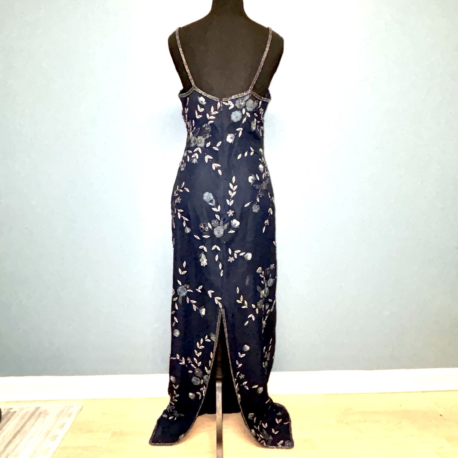 Rare Vintage SCALA Navy Size S Pure Silk Beaded Maxi Dress Gown Slit Elegant