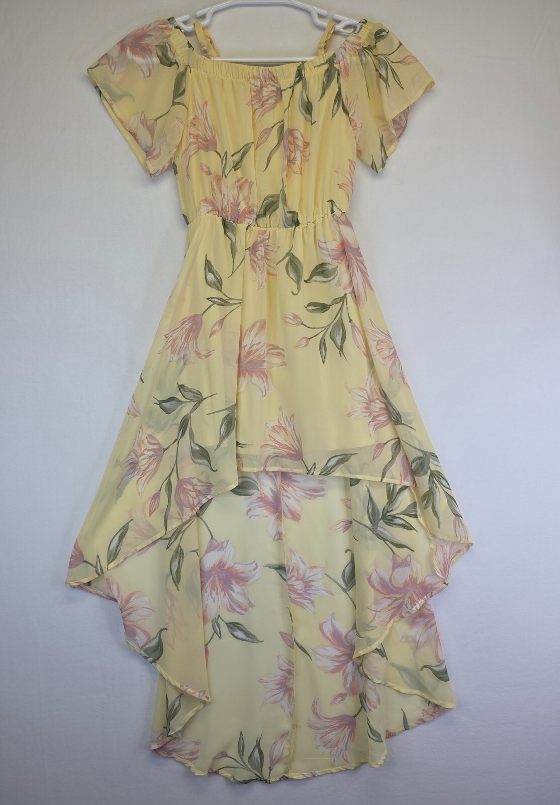 AUW Dress Womens S Yellow Hi Low Chiffon Cold Shoulder Floral Flowy Fairy