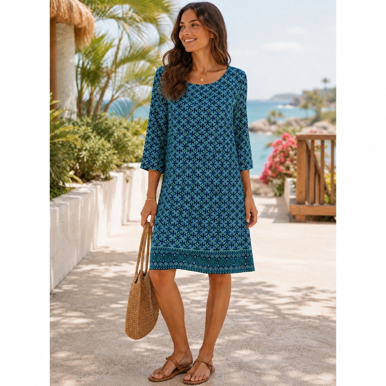 Lands’ End Blue Green Geometric Floral 3/4 Sleeve Boatneck Cover Up Dress Size M