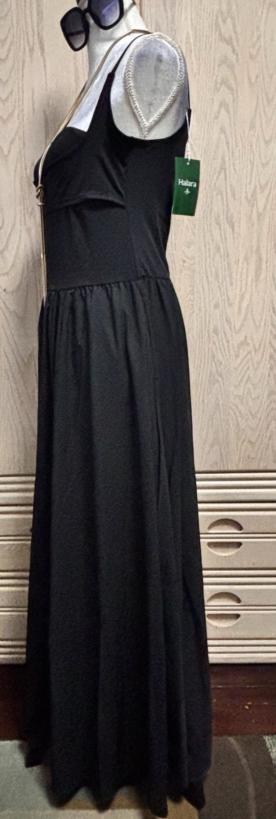 Halara Breezeful Backless Side Pocket Flowy Flare Maxi Black Dress Sz L . New.