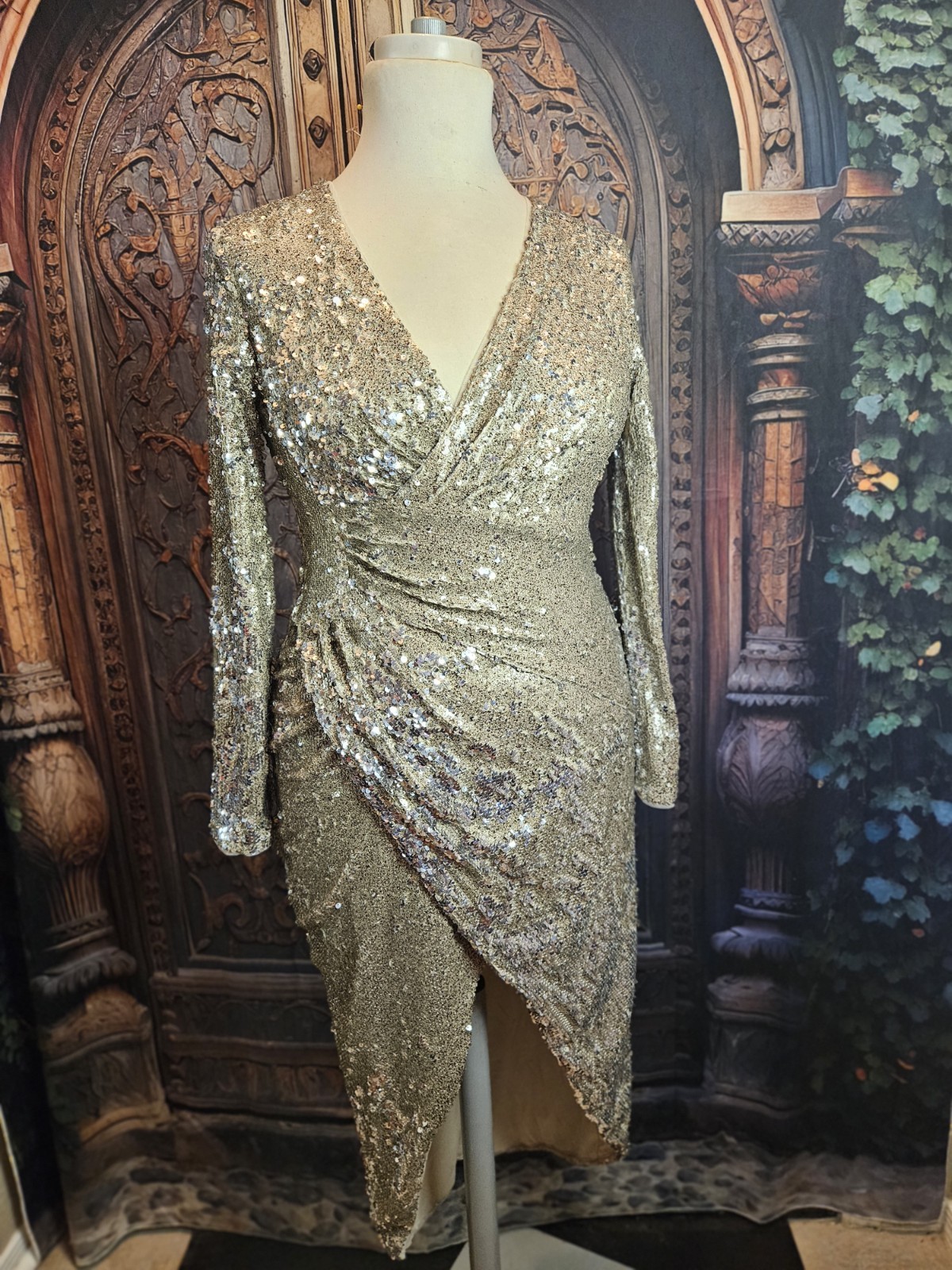 TFNC SARALEE MIDI Gold Silver Sequin Faux Wrap Dress Red Carpet UK 12 USA 8