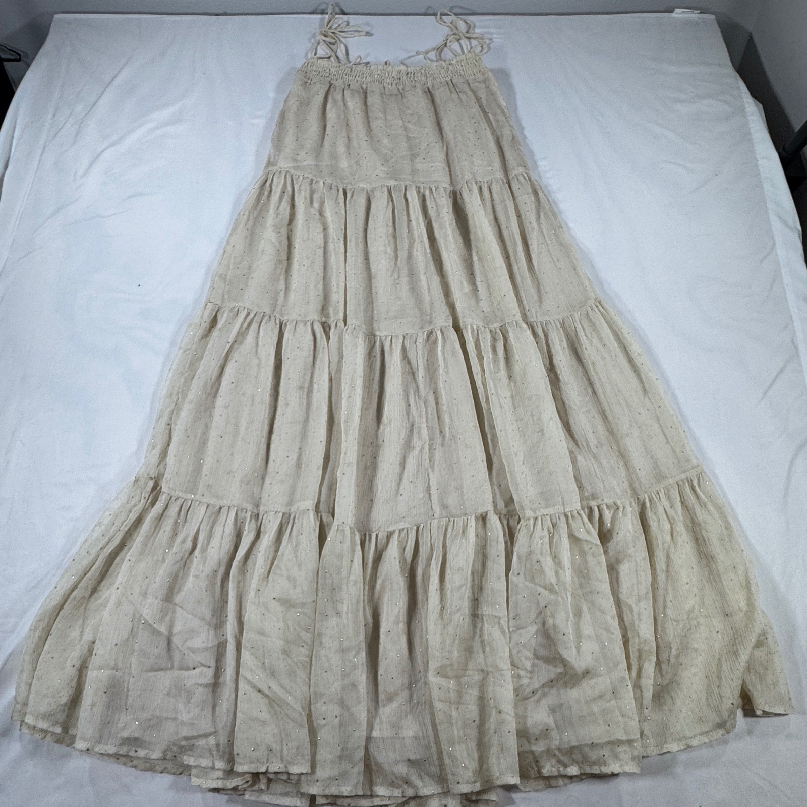 Storia Gold Star Tiered Maxi Dress Beige Tassel Boho Celestial Flowy XS Cottage
