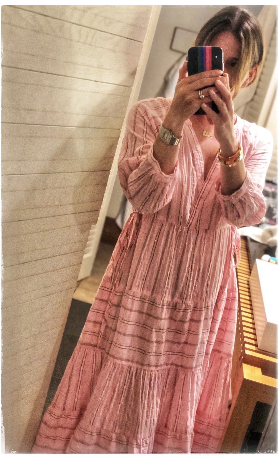 REVOLVE x XIRENA BECKETT MULTI-STRIPED PINK SHIMMER LAYNA MIDI DRESS SMALL