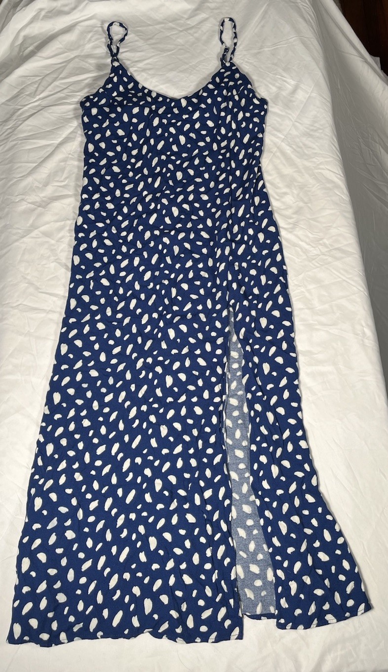 Reformation Crimini Midi Spaghetti Strap V-Neck Dress in Blue Polka Dot Size 4