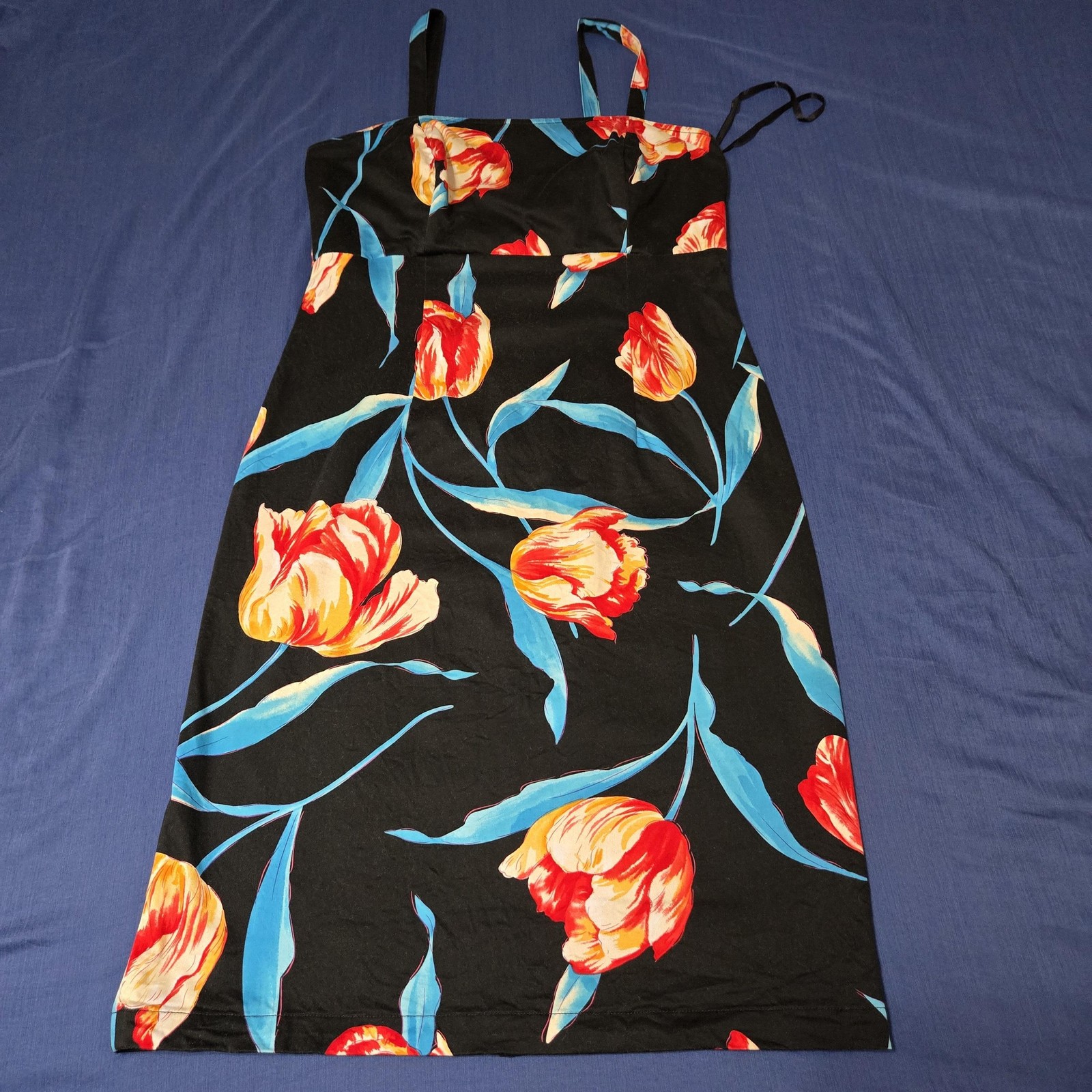 André Oliver Dress Womens VTG COTTON 10 Black Floral Tulip Sundress Midi A-Line
