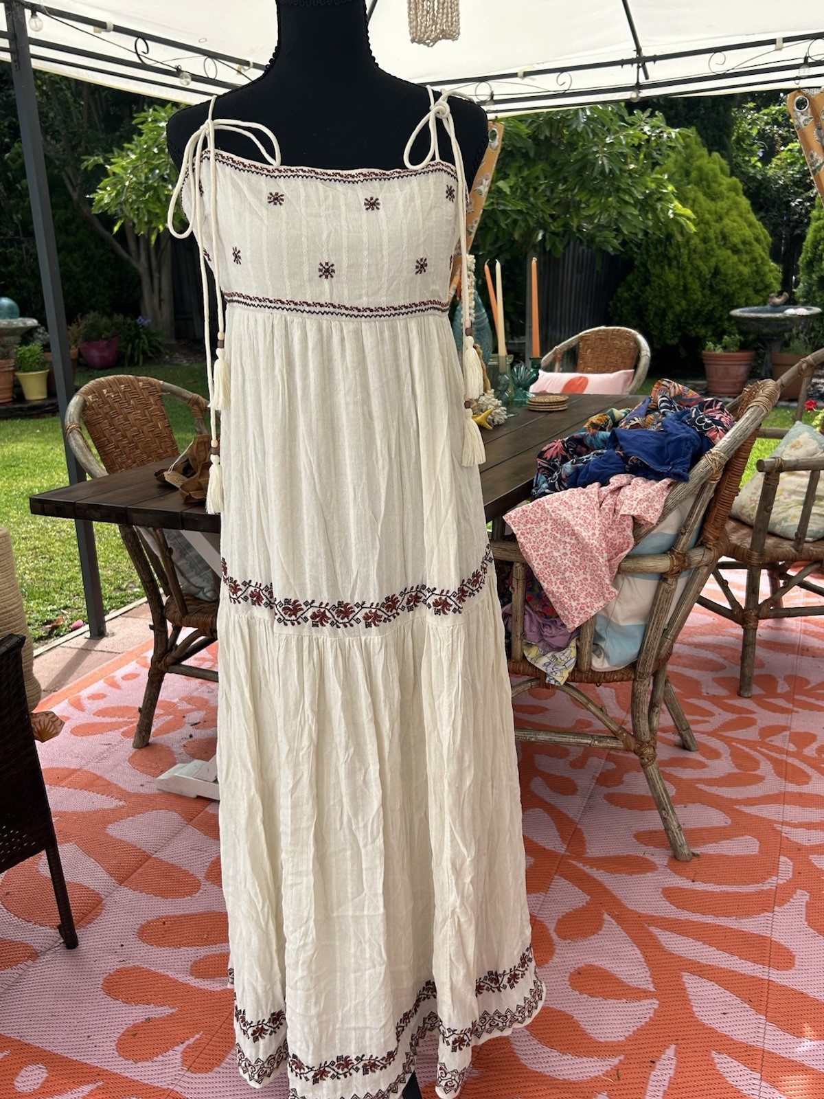 NWT American Eagle Ivory Embroidered Smocked Tie Strap Maxi Dress Cotton M