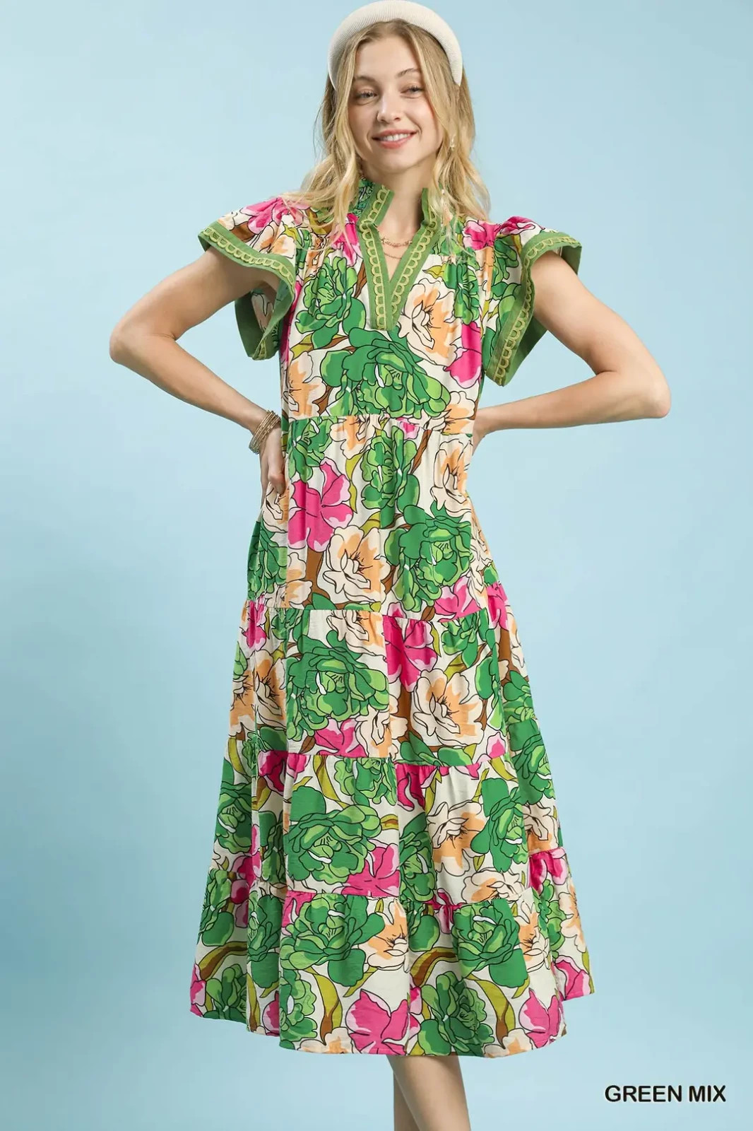 Umgee Mix Bold Floral Tiered Midi Dress – Medium