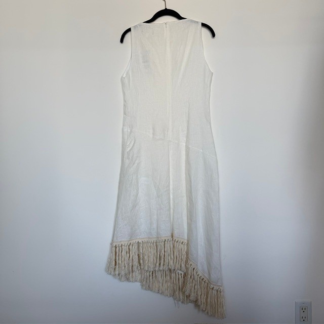 NWT Zara ZW Collection White 100% Linen Fringe Midi Dress Asymmetrical | Size XS