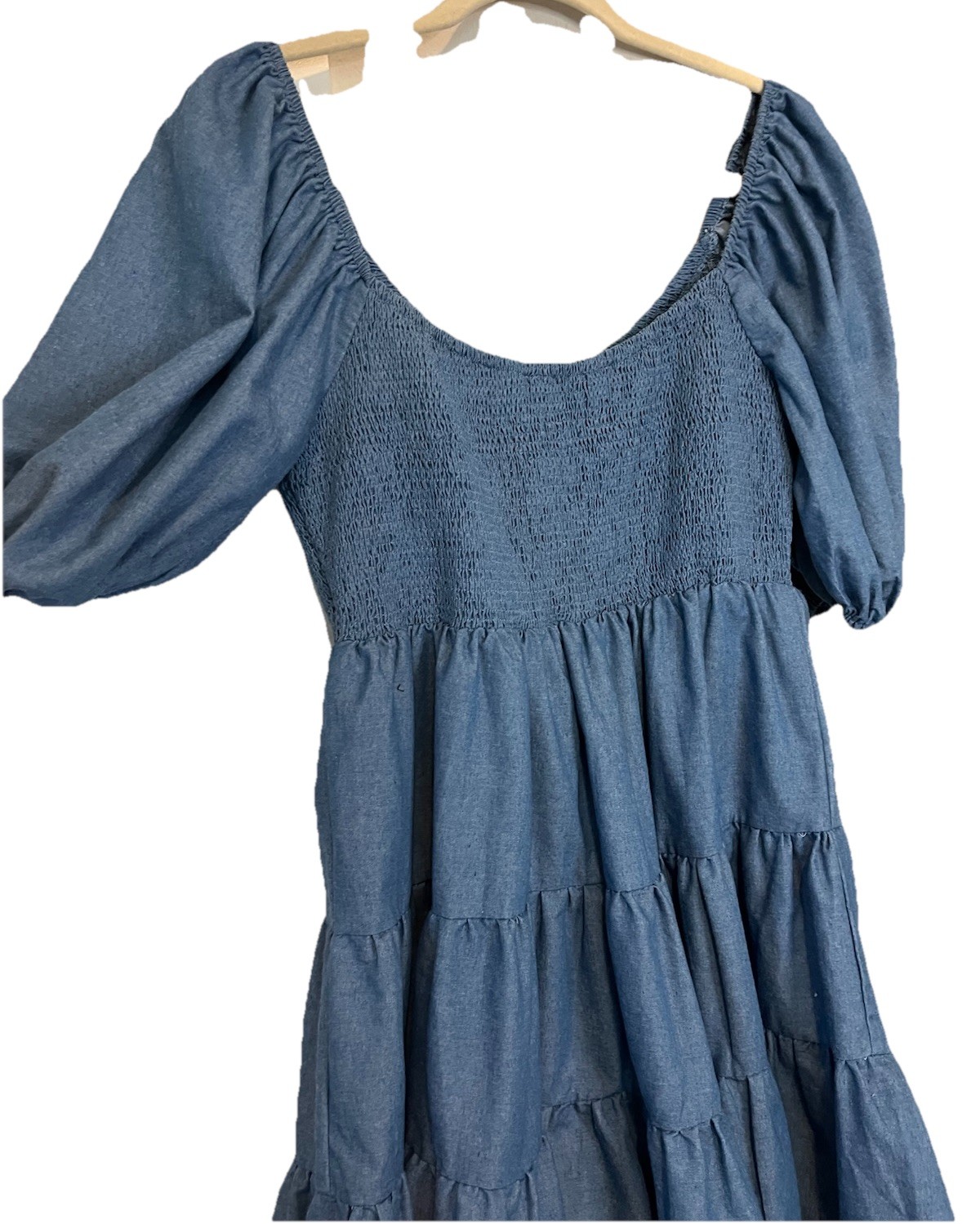 A. Calin by flying tomato Dress LARGE Short Balloon Sleeve Smocking Tiered Blue