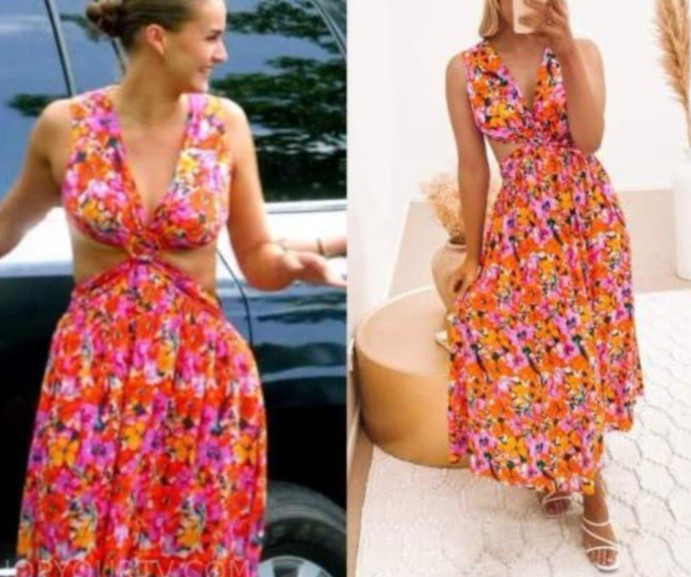 All About May Long Elle Dress 10 Large Halter Tie Back Floral Cut Out Floral