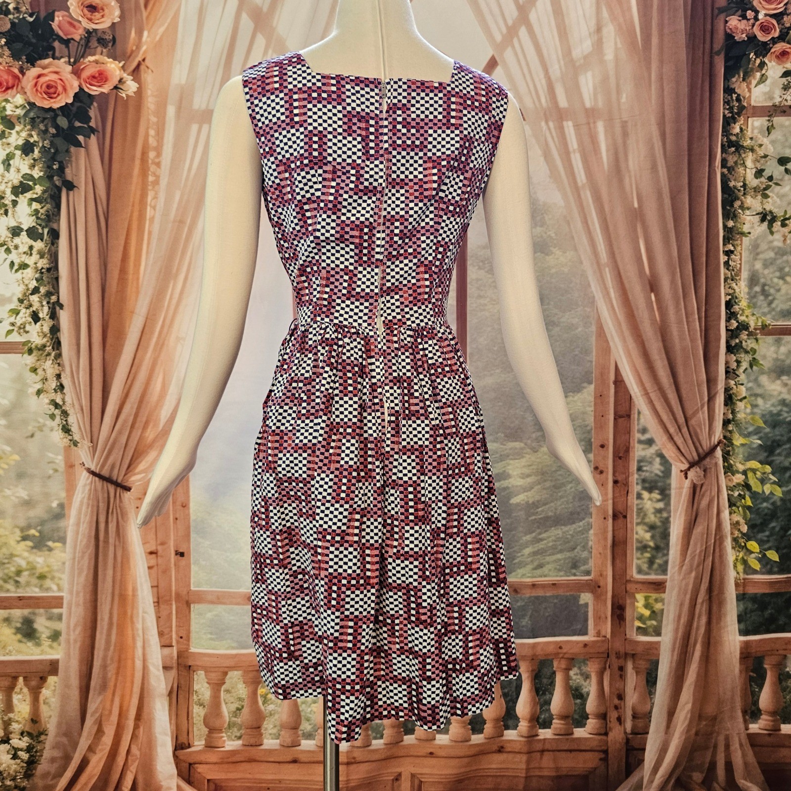 Vintage 1960’s Geometric Checkered Fit & Flare Dress Red White Navy Square Neck