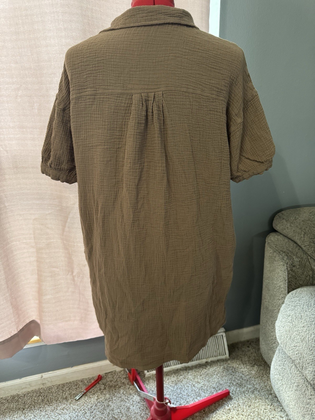Impressions Brown Cotton Gauze Button Front Shirt Dress Tunic Oversized M