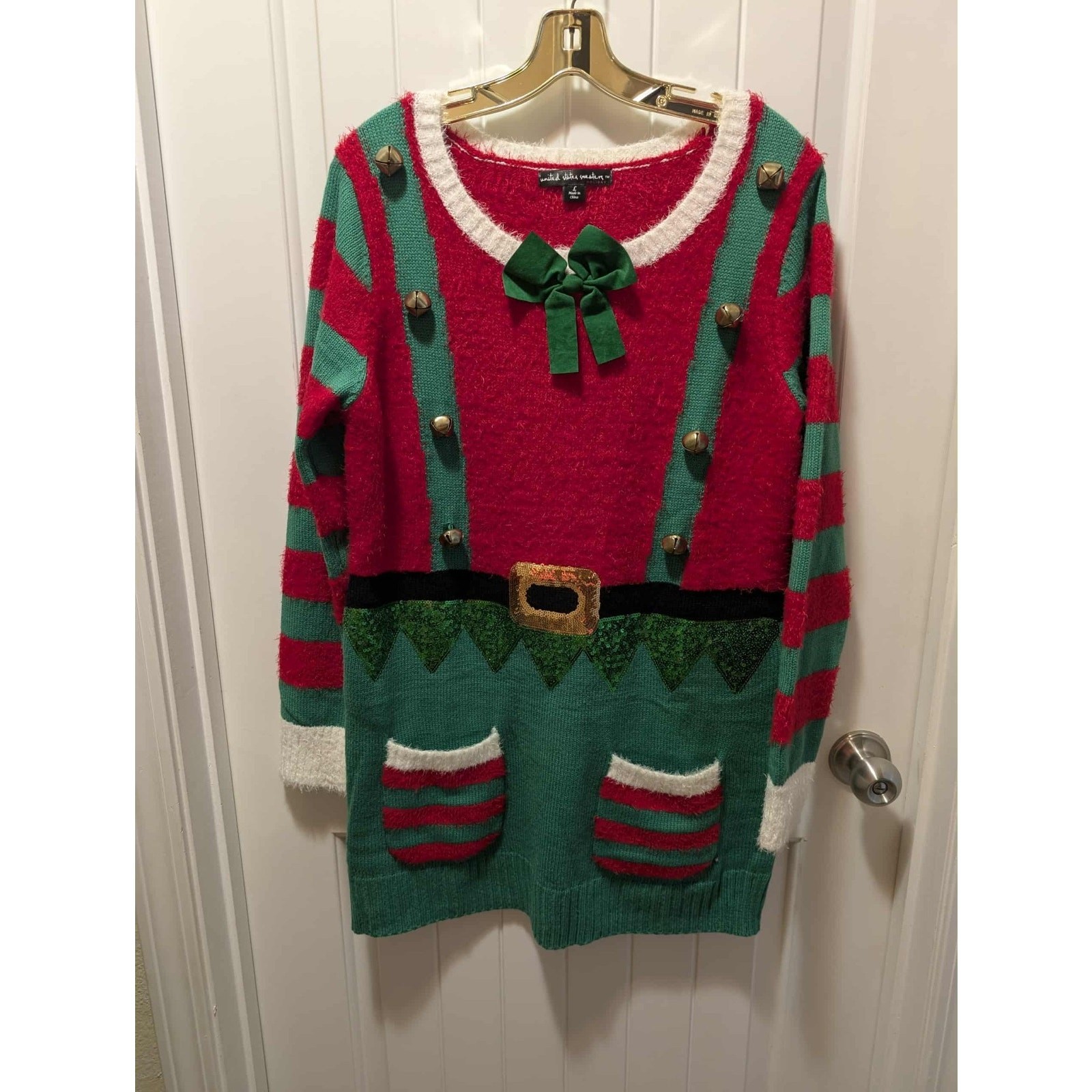 UNITED STATES Sweaters Elf Ugly Christmas Sweater Dress Bells Pockets Size L
