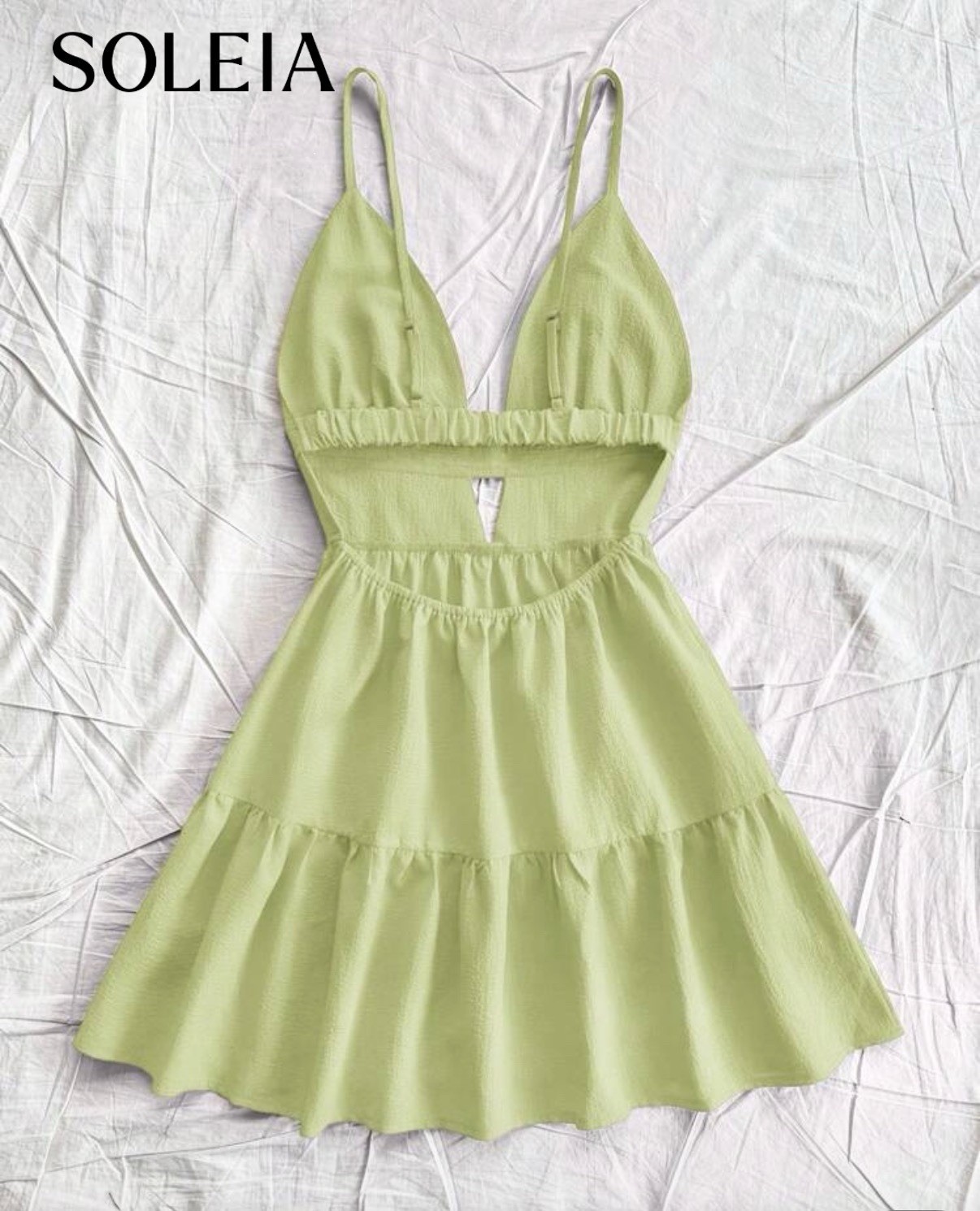 SHEIN Women’s Green Solid V-Neck Backless Cut Out Ruffle A-Line Dress S