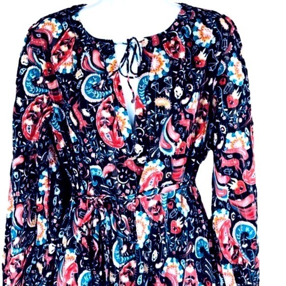 NWT Mystical Creatures LOFT Navy 100% Cotton Relaxed Belted Dress SZ S/M