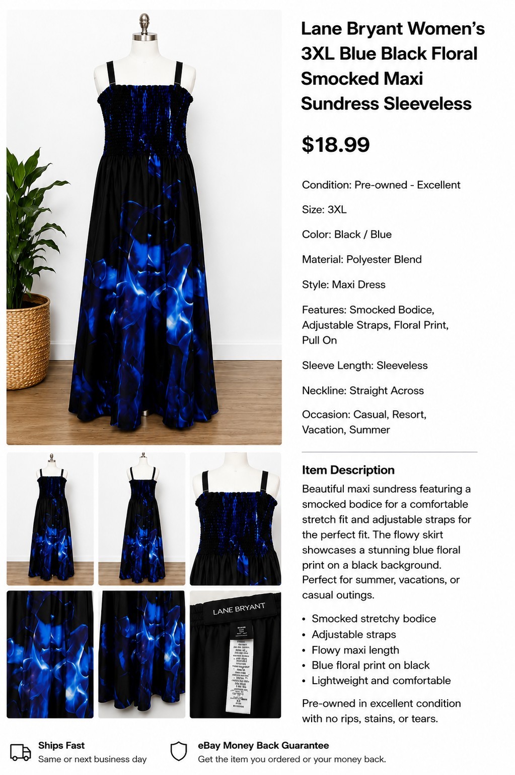 Lane Bryant Women’s 3XL Blue and Black Floral Smocked Maxi Dress Sleeveless