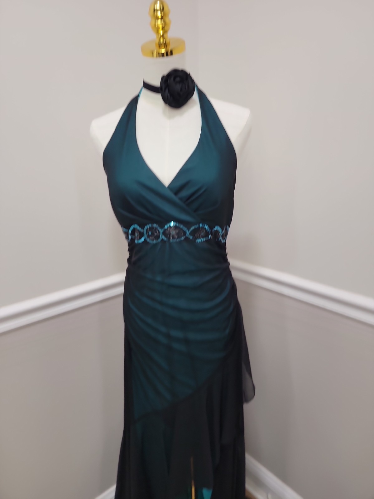 Vintage Y2K City Triangles Green Black High Low Halter Dress Whimsigoth Womens L