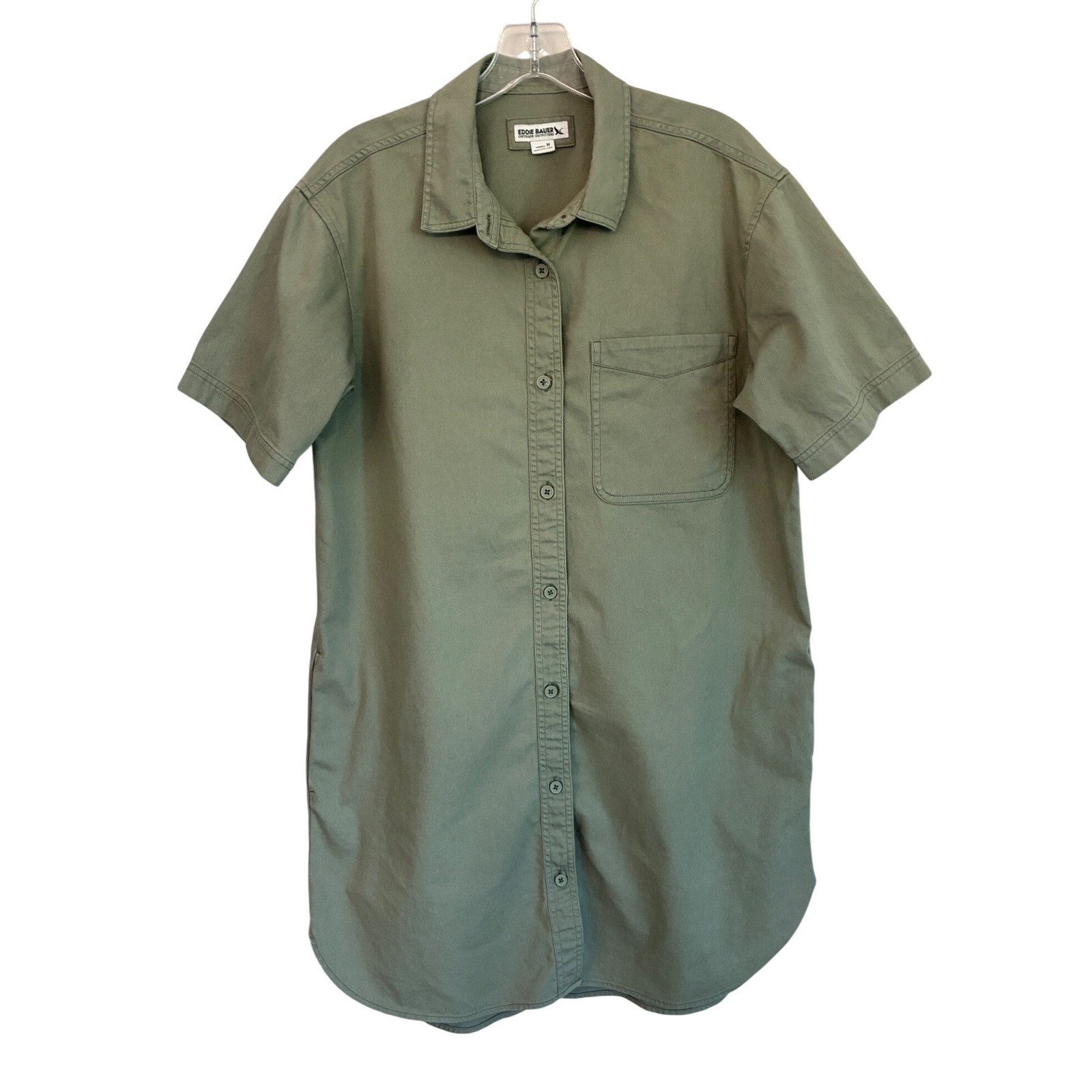 Eddie Bauer Womens Olive Green Cotton Utility Short Sleeve Shirt Dress Medium