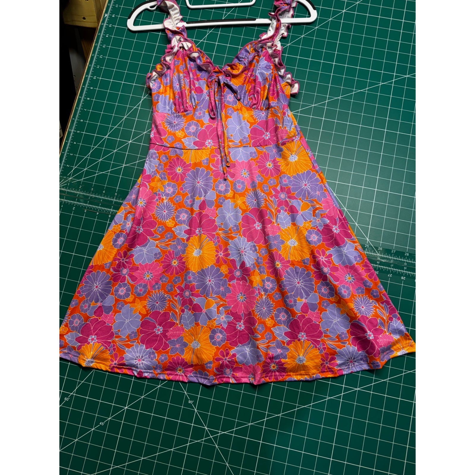 Pink Lily Retro Floral Ruffle Mini Dress Orange Purple Pink Flower Power Small