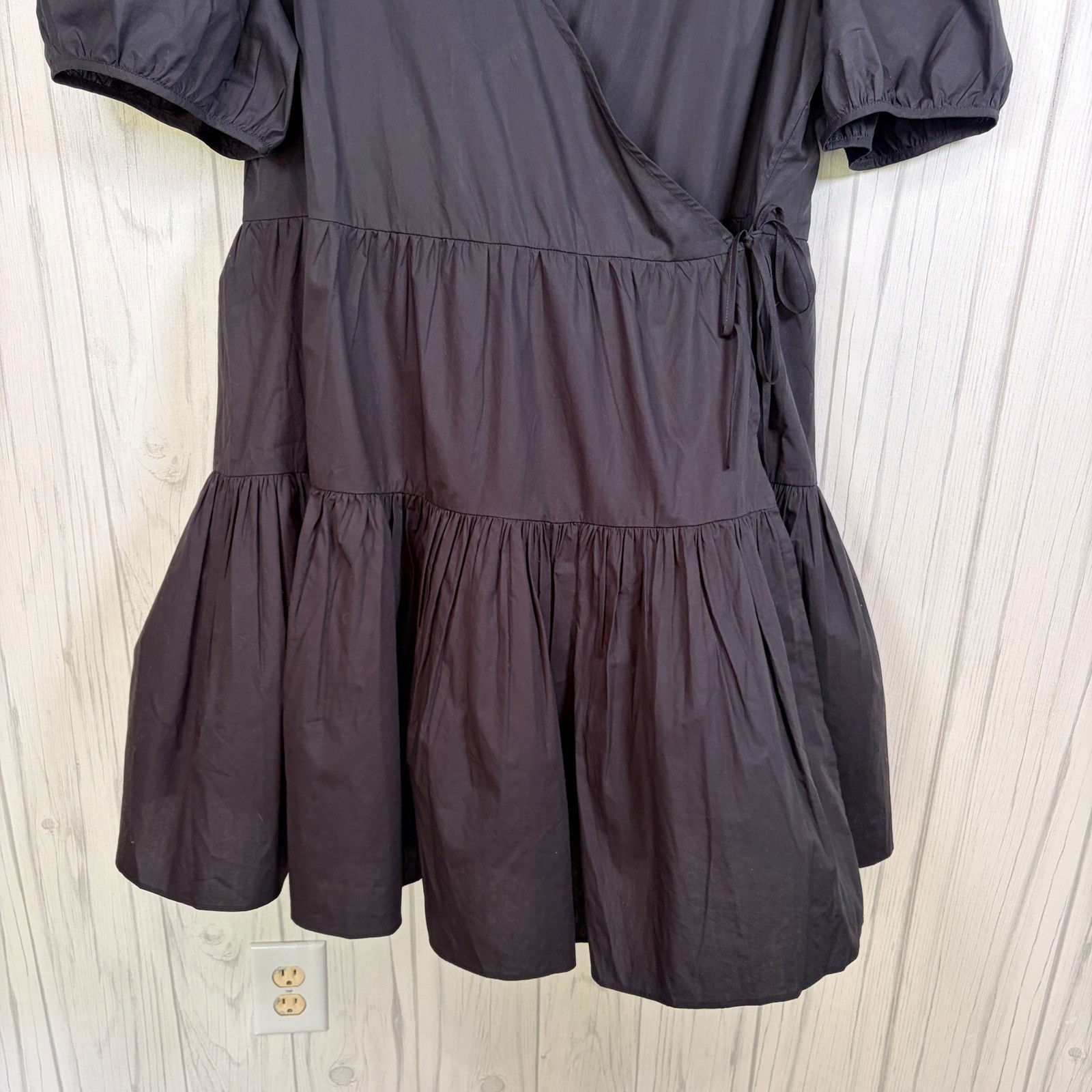 J.CREW NWT Black Puff-Sleeve Cotton Poplin Wrap Dress & Separate Slip Lining, XL