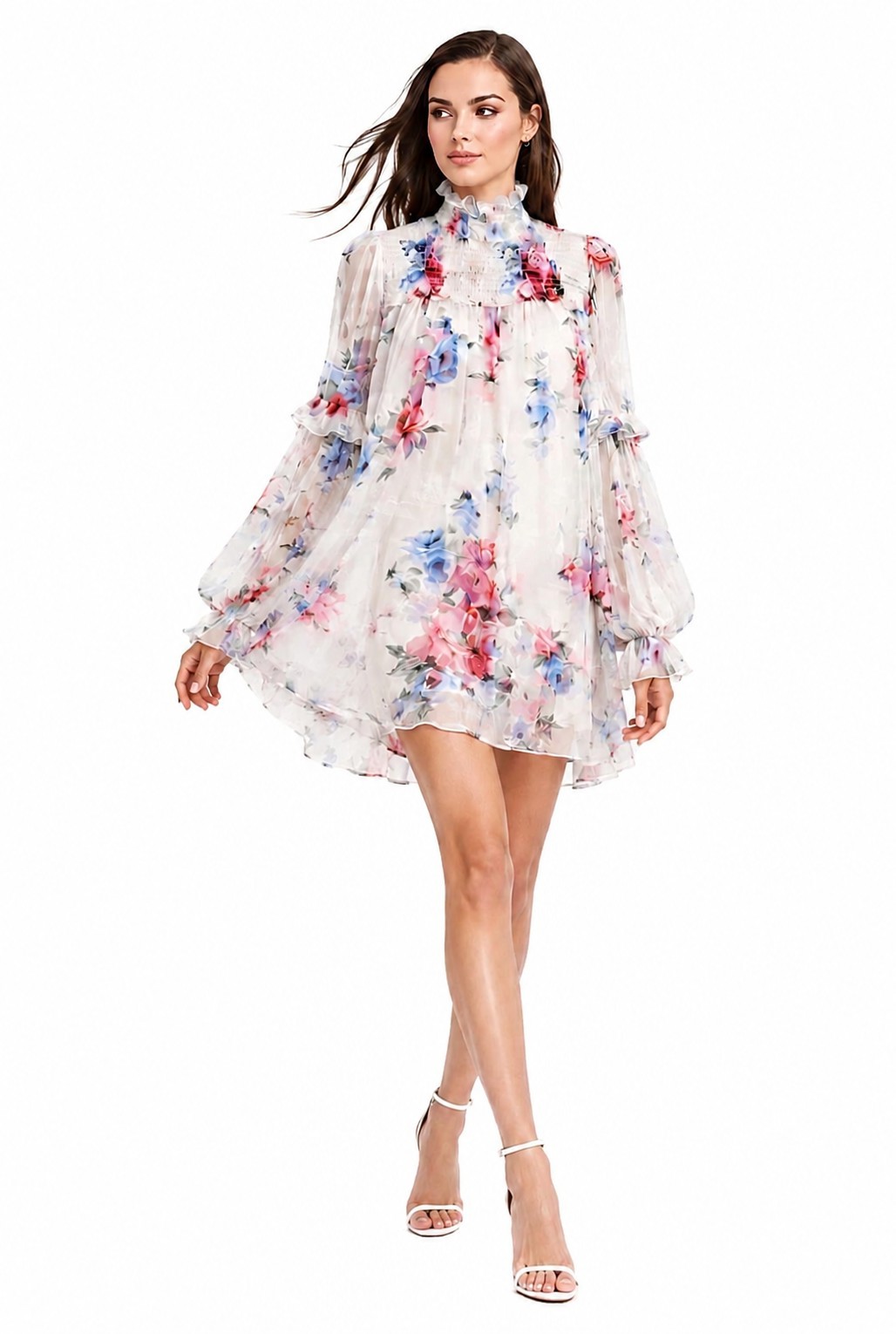 Dolce & Gabbana Floral Silk Chiffon Mini Dress Tunic Blouse IT 40 Smocked NWT