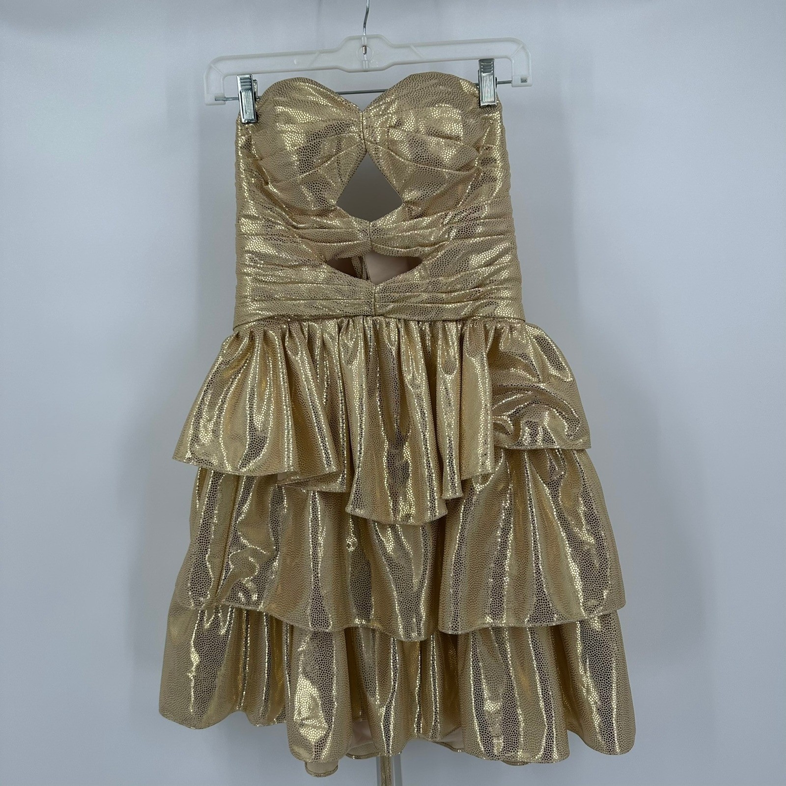 Womens Glam Gold Party Dress Sz 8 Strapless Ruffle Tiered Cutout Bodice Metallic