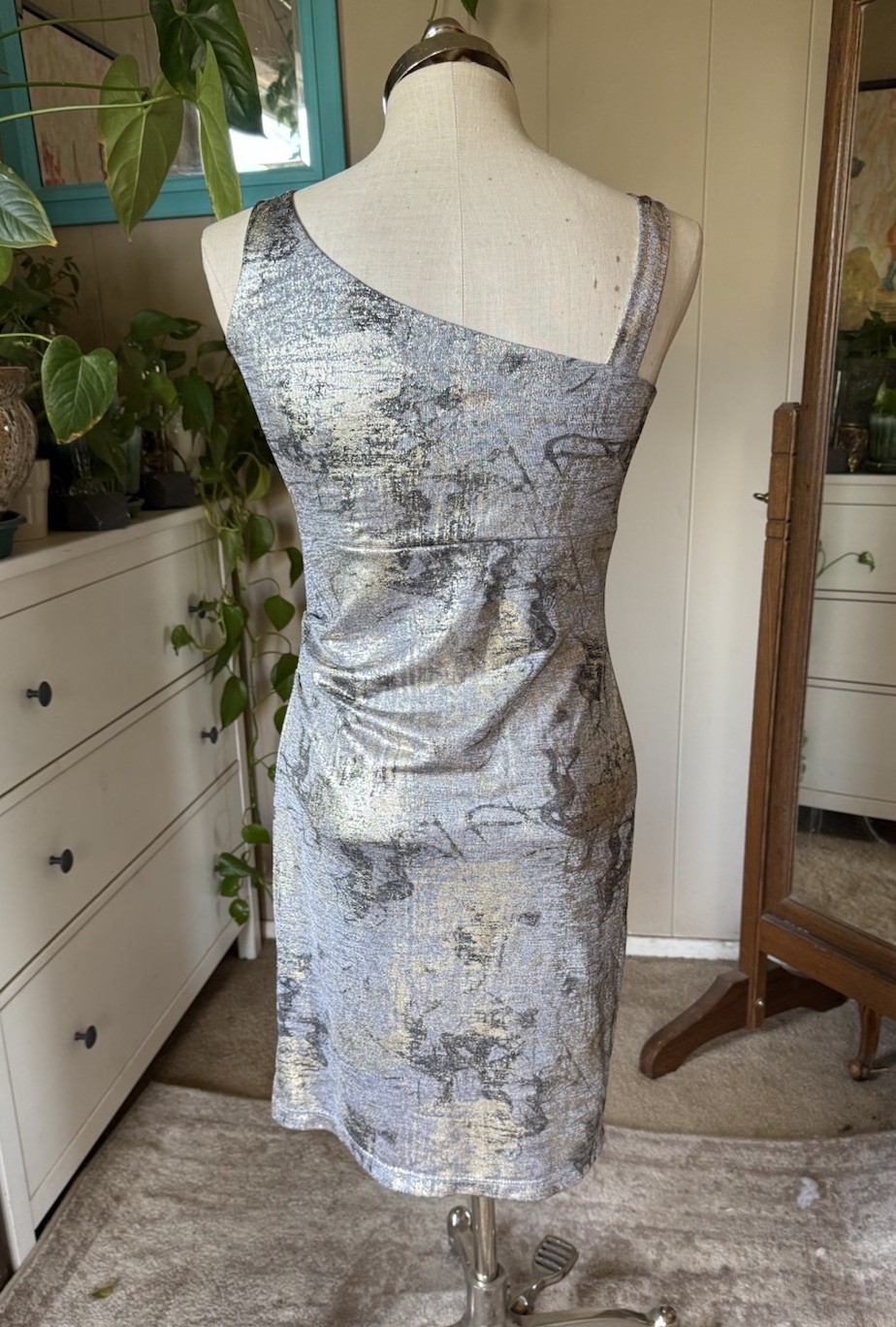 Countess Luann Metallic silver and gold asymmetrical muni Dress, size small