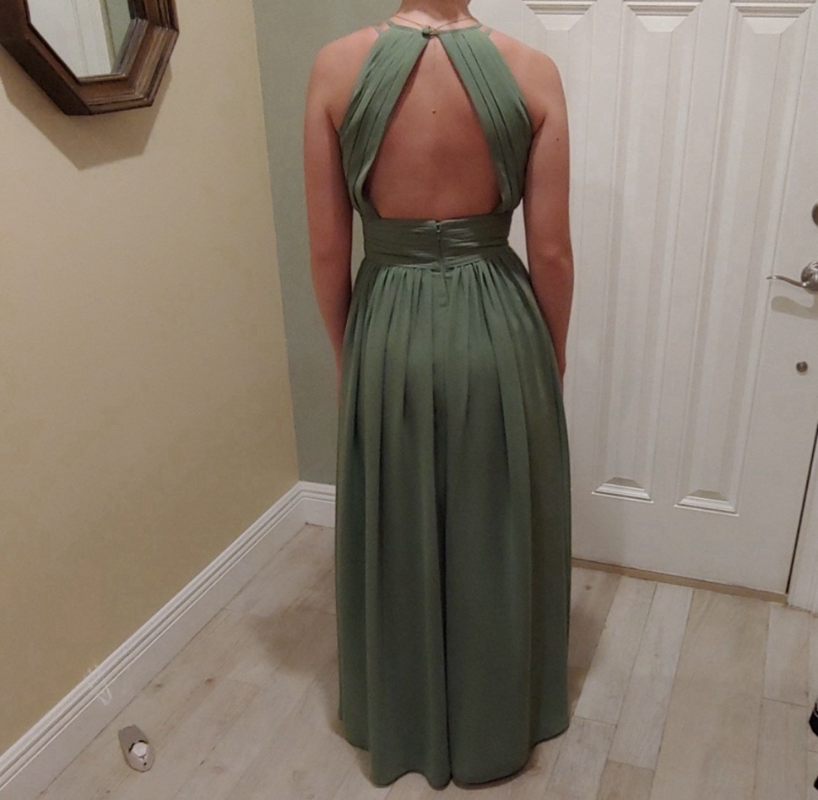 Bill Levkoff High Neck Cut Out Back Ruch Waist (Sage Green)-Sz 2-MRSP $199