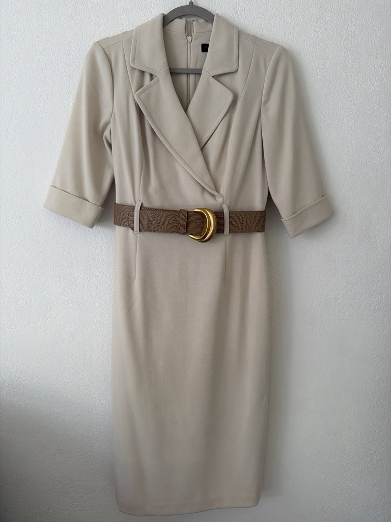 Donna Karan New York Beige Woven Sheath Collared Belted Midi Dress 4 Regular