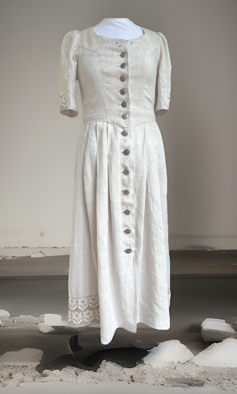 Vintage Isola Austrian Tyrol Dirndl Dress Beige Linen Lace Accents 40 RARE