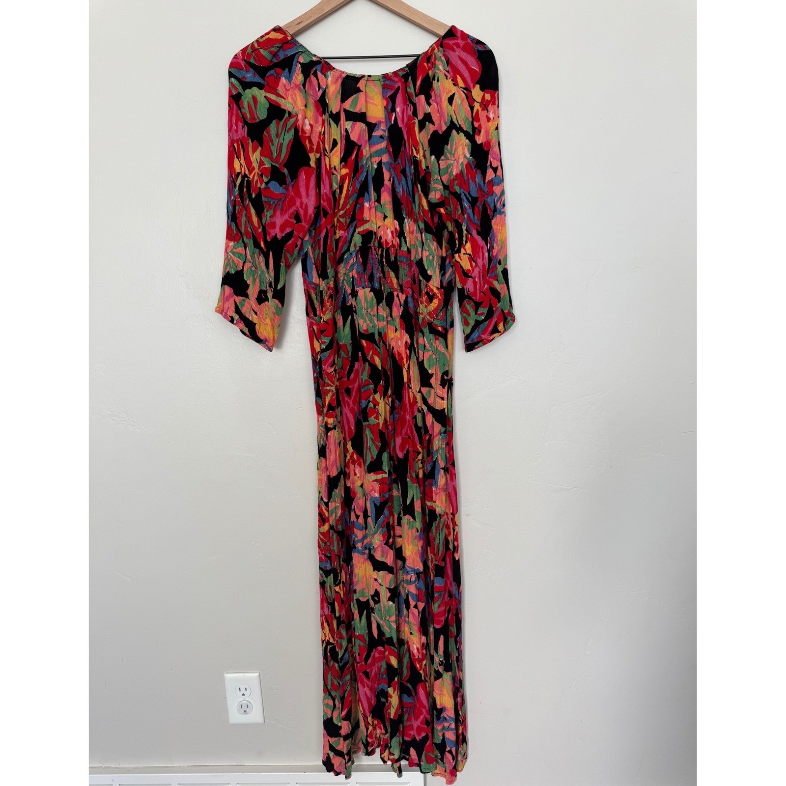 Metrostyle Tropical Print Maxi Dress Beach Resort Smocked Waist Rayon Boho Large