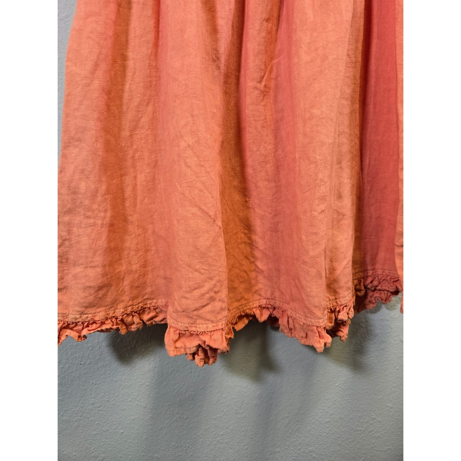 Bella Dahl Linen Boho Ruffle Tie Neck Elastic Waist Mini Dress Orange Large