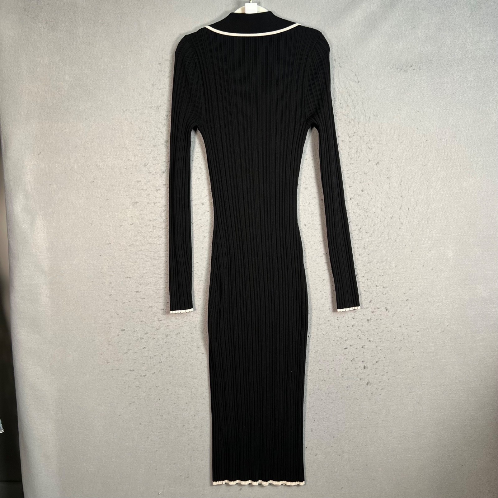 Black Womens XS Ribbed Knit Long Sleeve Midi Dress W/ Contrast Trim