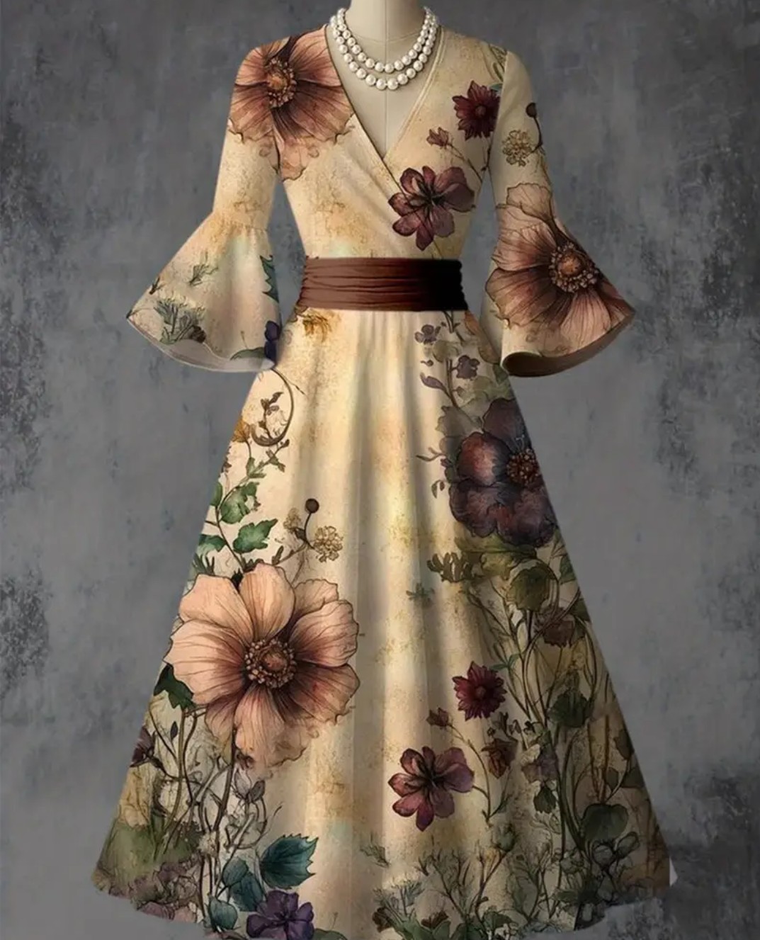 Women’S Retro Flower Printed V Neck Trumpet Sleeves Dress
