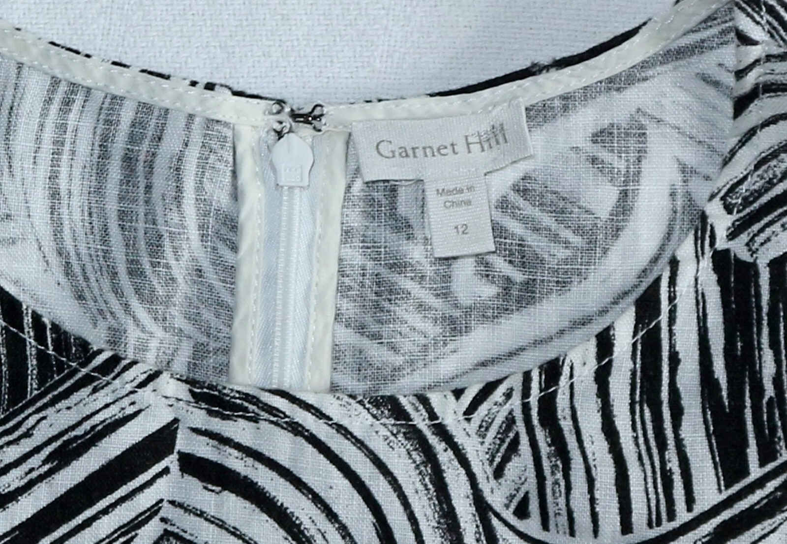 GARNET HILL Slvlss Blck/Wht Prnt Lin Bck Zip Drs 42 In Chst 37 In Lng Sz 12 EXC