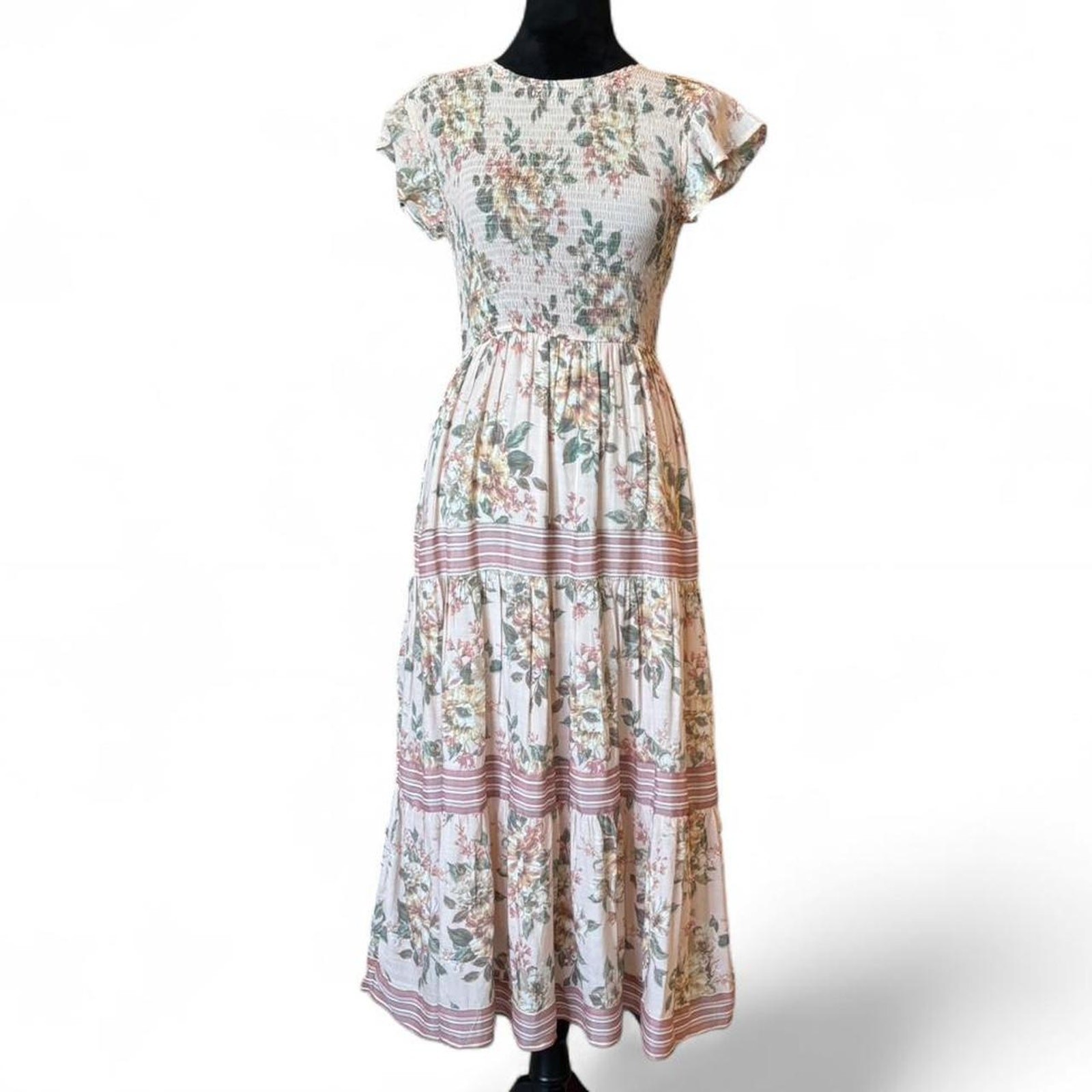 Modern Cottagecore Pink Floral Midi Dress – Smocked Tiered S