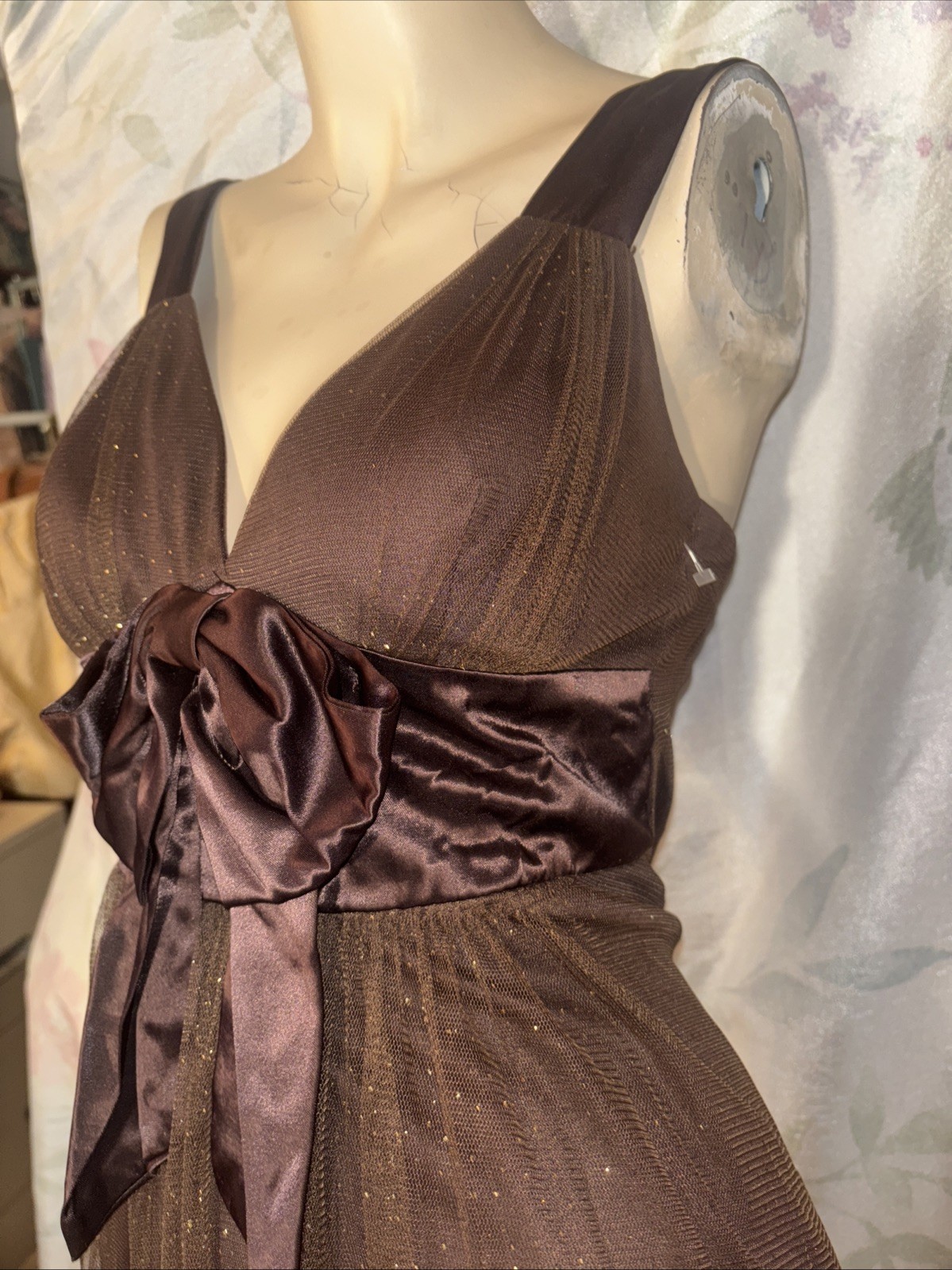 SPEECHLESS,brown tulle,tiny silver dots,satin bow,z5,S,pleats,shirred,New,UNIQUE