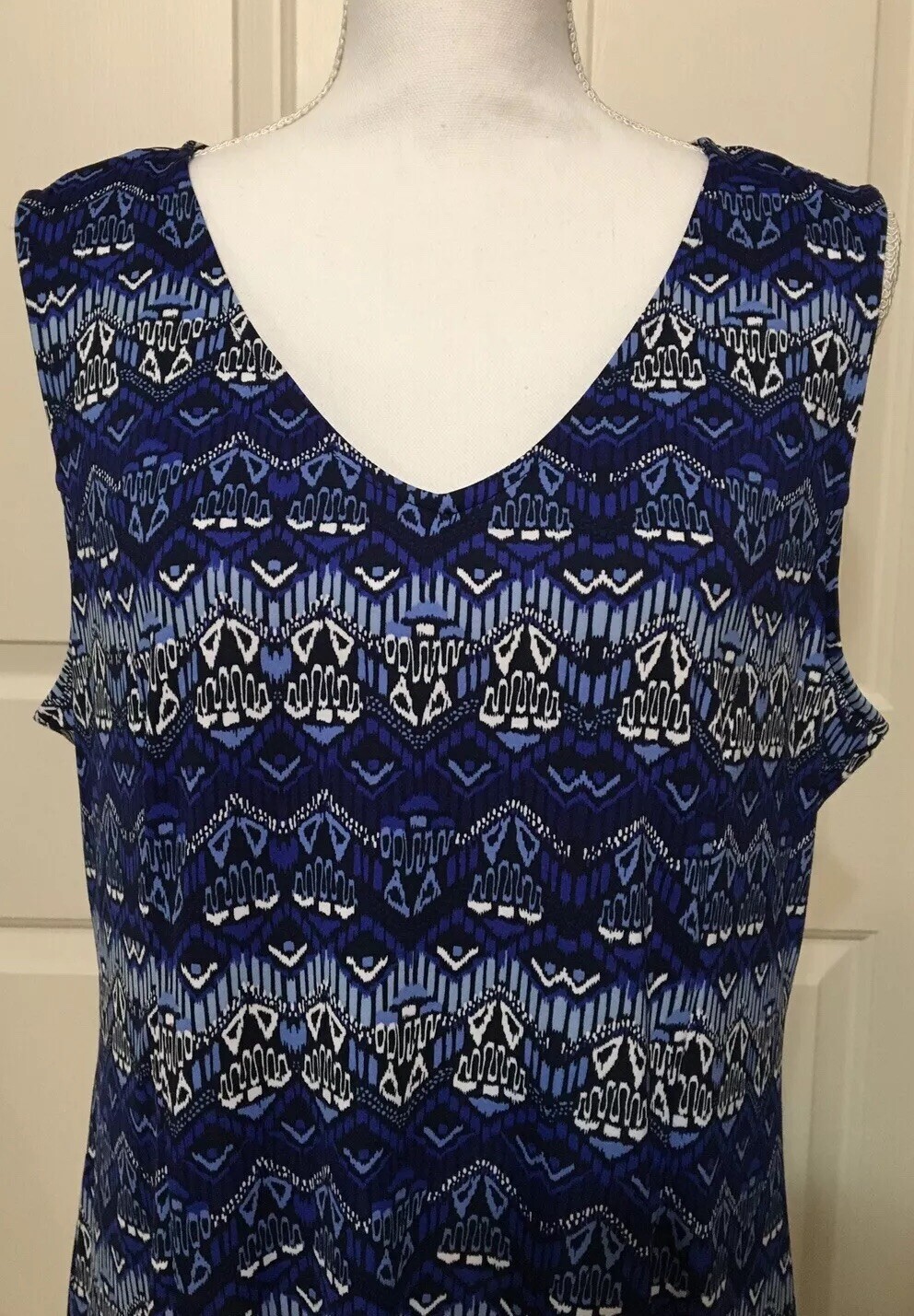NWT Kim Rogers PXL blue white black sleeveless v-neck fit and flare dress