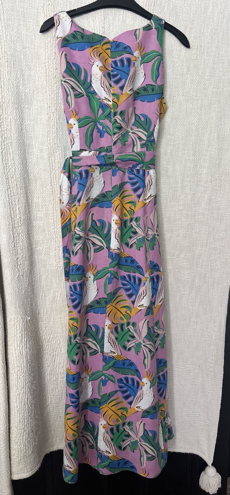 Boden purple green white linen sleeveless maxi v-neck bird parakeet palm tree 12