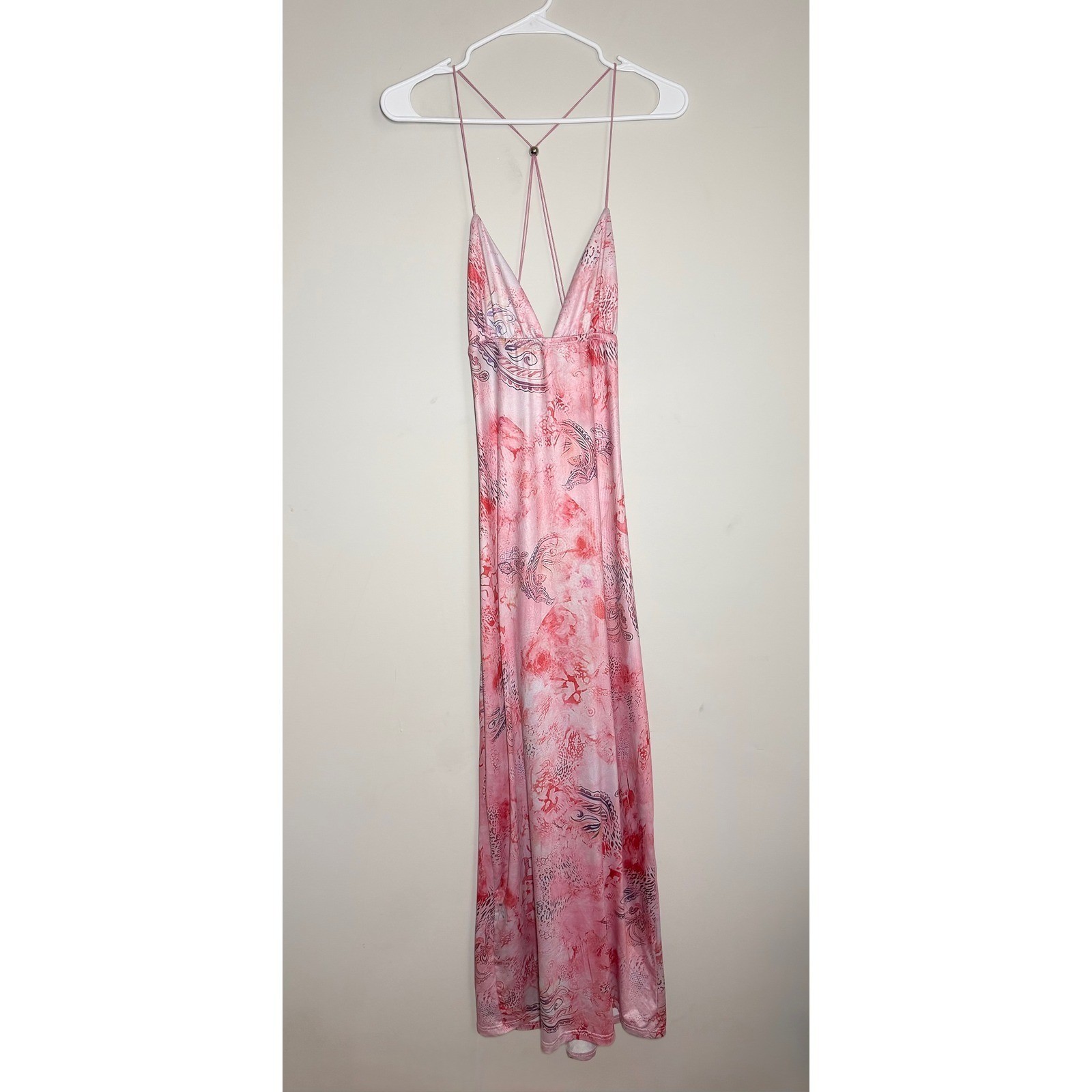 Pink Butterfly Applique Open Back Lace Up Maxi Dress Abstract Paisley Print