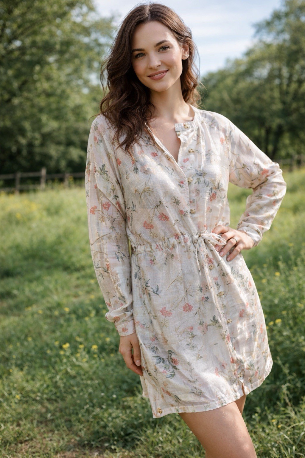 J. Jill Sheer Floral Voile Dress Linen Lyocell Blend Soft Sheen Drawstring Tunic