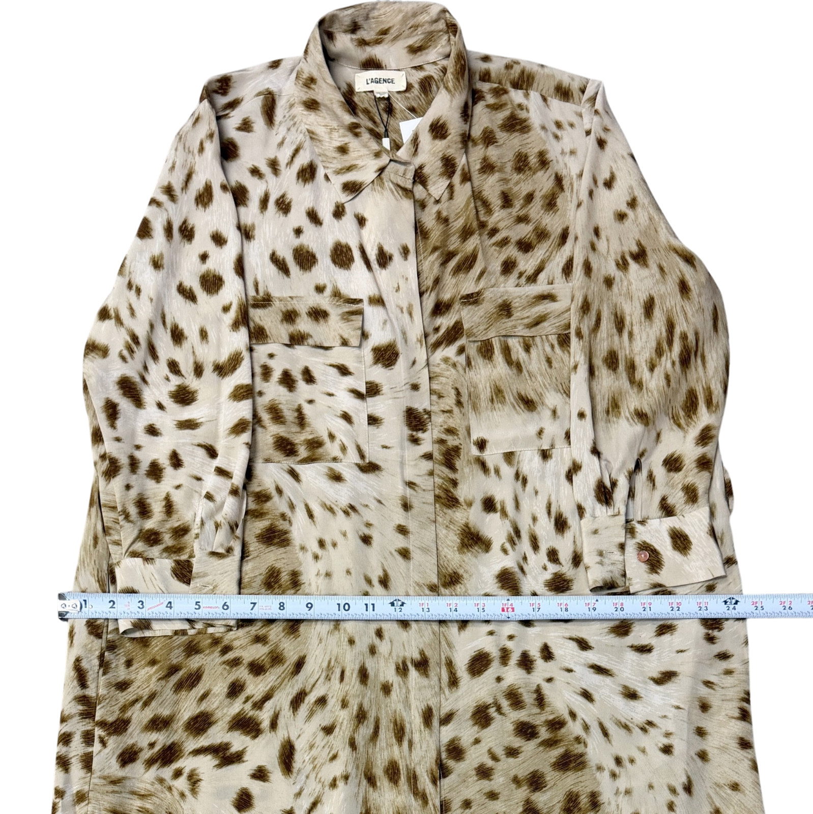 NWT L’AGENCE Cameron Silk Collar Dress Cacao Leopard Rope Belt Sleeves L Large