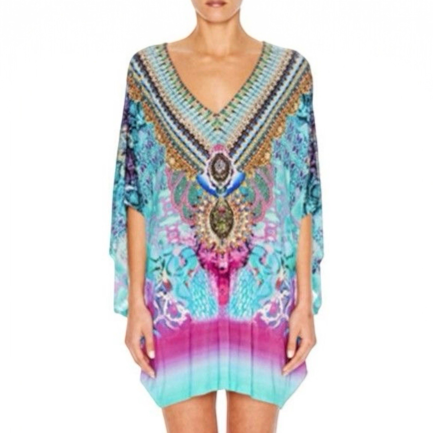 Camilla Tides Of Aurora Jersey Kaftan Dress One Size Blue Purple Pink